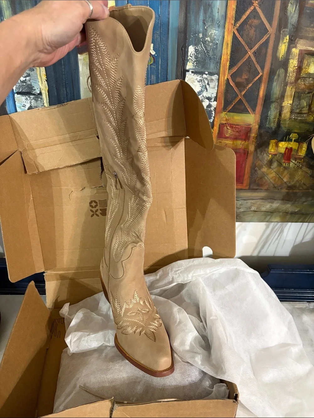 Women’s Beige Embroidered Knee-High Western Boot NIB Size 8.5